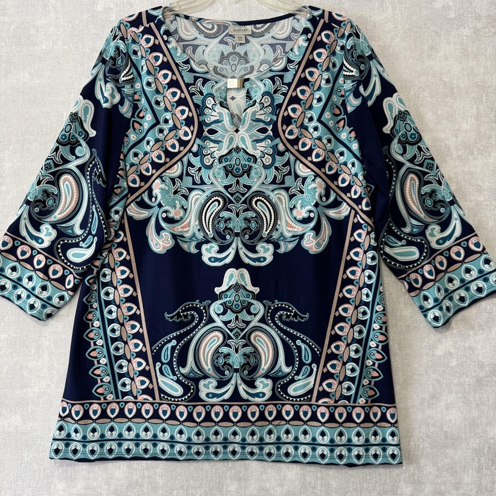 Avenue Blouse Womens 18/20 Multicolor Paisley 3/4‎ Sleeve Tunic Top Stretch